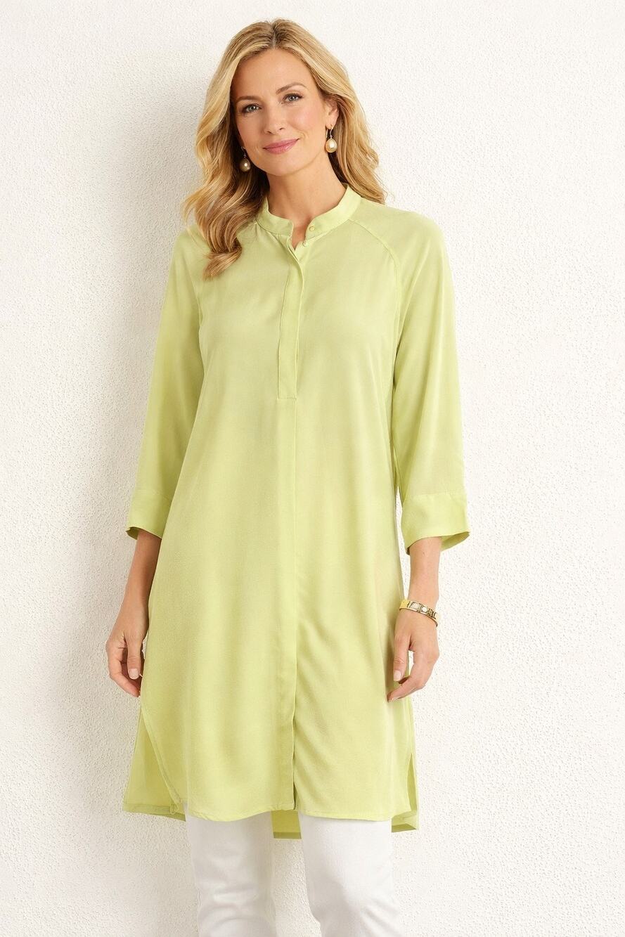 Soft Surroundings Top Women’s Button Down Cover Up Green Silk Tunic Chiffon XL